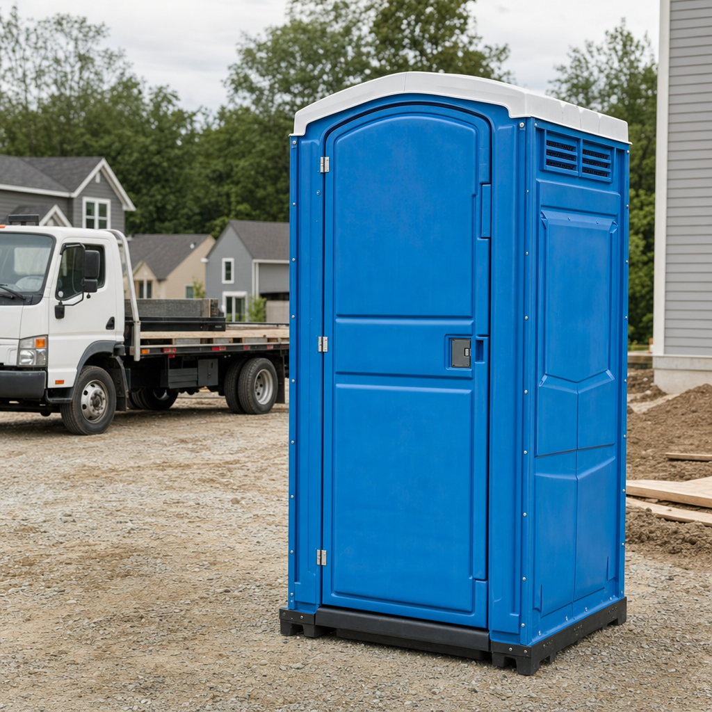 Delivery driver positioning a clean royal-blue portable toilet on level ground at a Akron worksite