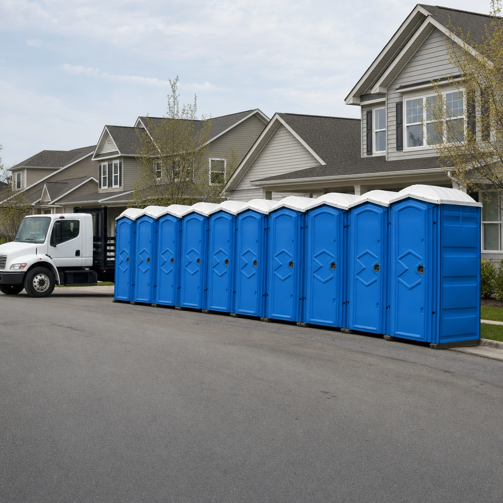 Royal blue portable toilets staged in a tidy row at a Akron jobsite, ready for delivery
